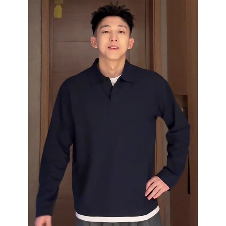 抖音得物高品质二开230克精梳珠地光版纯色宽松长袖T恤翻领POLO衫，男装T恤，电商A486