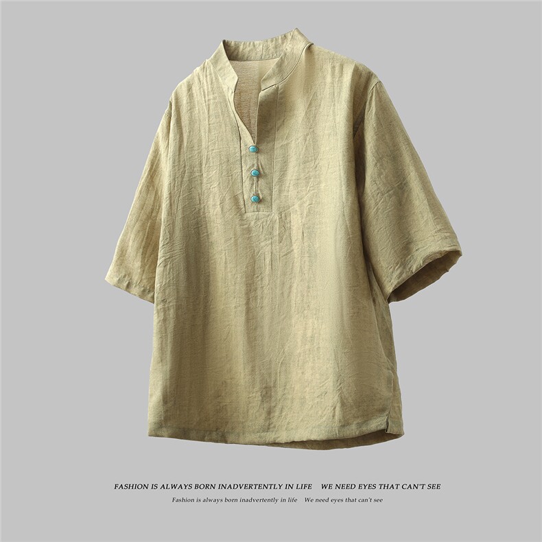 新中式半袖落肩立领透气日常吸汗百搭短袖T恤男A087-1-YM667P65，男装T恤，电商A087-1