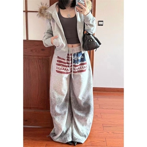 美式街头灰色字母印花拖地长裤女2025早秋新款辣妹低腰显瘦阔腿裤图片