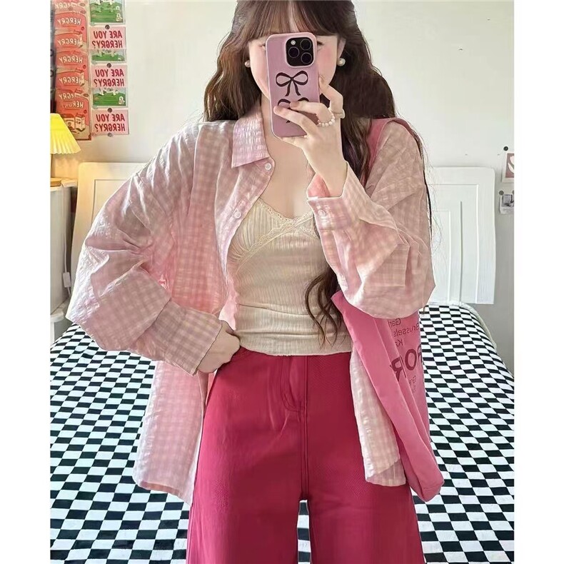 韩系Polo领粉色格子长袖衬衫女早秋季少女感宽松慵懒薄款开衫衬衣,男装衬衫,星座1210-1