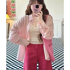 韩系Polo领粉色格子长袖衬衫女早秋季少女感宽松慵懒薄款开衫衬衣，男装衬衫，星座1210-1