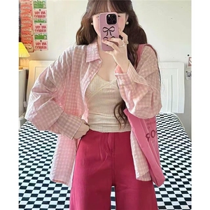 韩系Polo领粉色格子长袖衬衫女早秋季少女感宽松慵懒薄款开衫衬衣图片