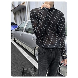 美式高街冰丝打底长袖t恤潮牌欧美vintage透气高领长袖衫男款上衣图片
