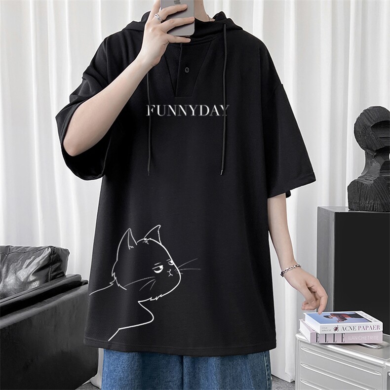 LD54149-P45 连帽短袖t恤男大码胖子带帽五分袖中袖图片