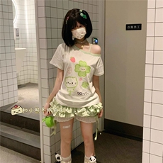 两件套装日系宅萌系可爱四叶草撞色漏肩短袖上衣夏季搭配花边裤裙，男装T恤，星座506A