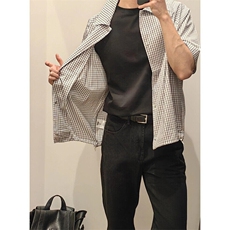 复古格纹短袖衬衫男夏季宽松休闲格子衬衣翻领半袖上衣C2276，男装T恤，星座1116A（原606A-3）