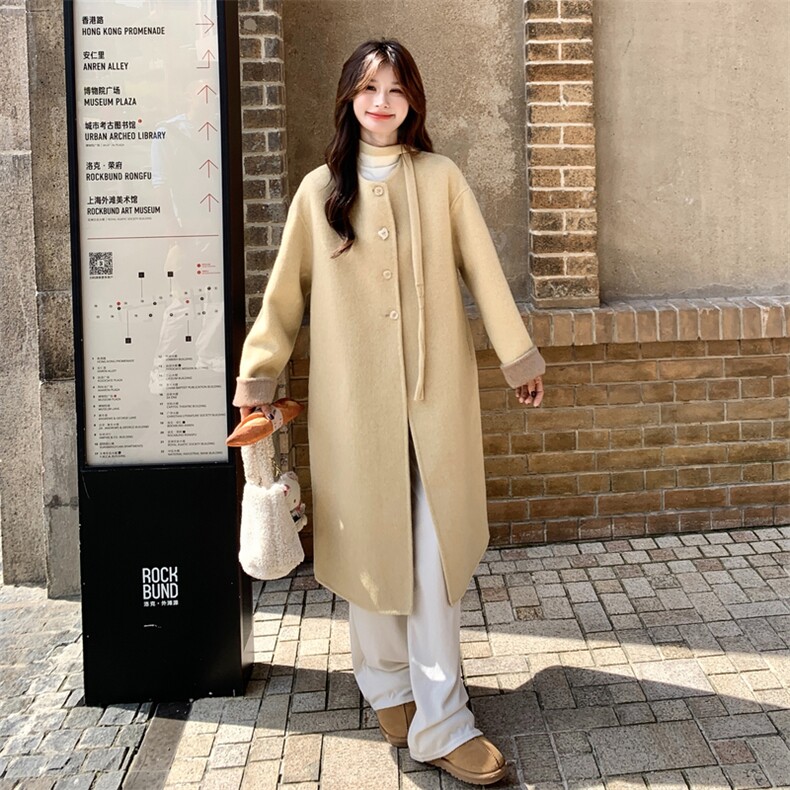 黄色高级感茧型宽松韩版羊绒双面羊毛大衣女冬新款长过膝毛呢外套,女装羊绒大衣,2C056
