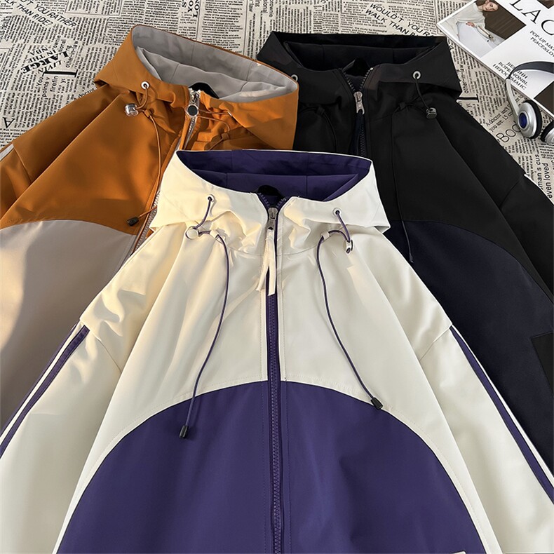 毛毯风冲锋衣侧条纹夹克中性风户外防风连帽外套秋A436-8805-P75，男装夹克，电商A436