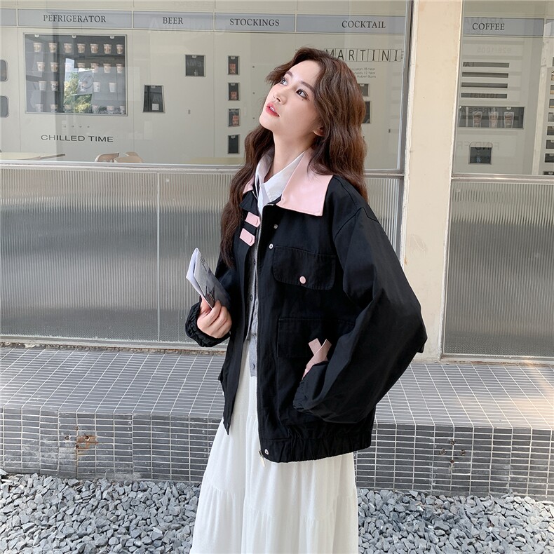 黑色撞色减龄工装外套女2025秋季新款设计感学院风宽松百搭夹克潮,女装短外套,2C030