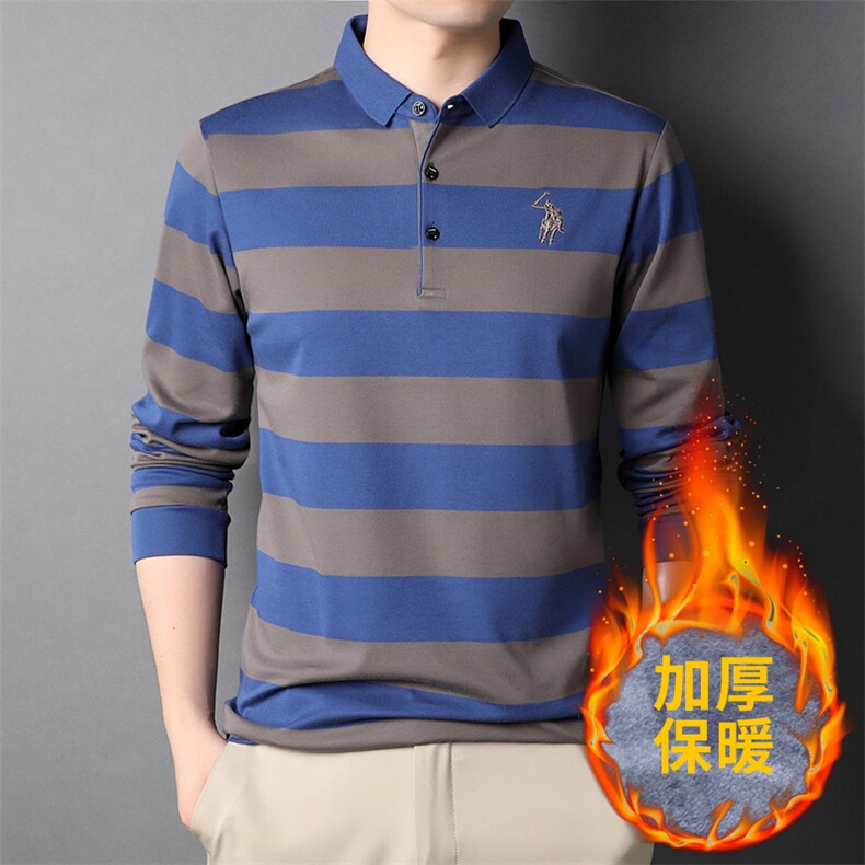 2022爸爸装秋冬季长袖t恤男士翻领POLO衫打底条纹上衣服加绒体恤图片