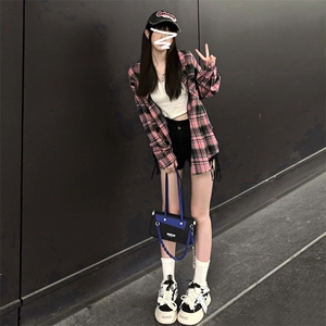 TC697-P45 美式复古慵懒风长袖衬衫男女新款衬衣宽松潮格子外套潮图片