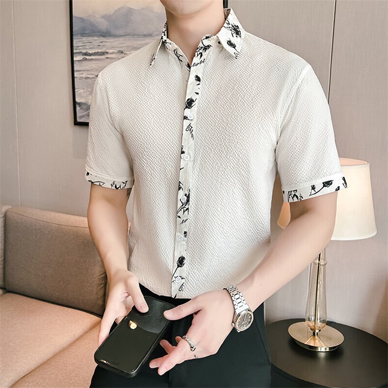 CS817-P38  泡泡格夏季新款男士短袖衬衫潮流时尚短袖潮花衬衣图片