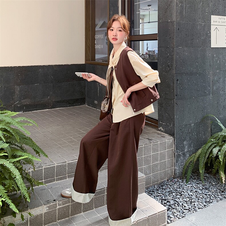 气质咖色马甲衬衫阔腿裤套装女春秋贵气感御姐穿搭俏皮活泼三件套,女装套装/套裙,2C317A