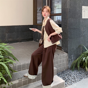 气质咖色马甲衬衫阔腿裤套装女春秋贵气感御姐穿搭俏皮活泼三件套图片