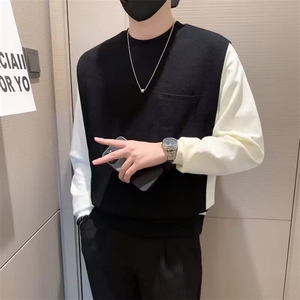 假两件垫肩卫衣男秋季设计感拼接重磅圆领打底上衣外套 M329图片