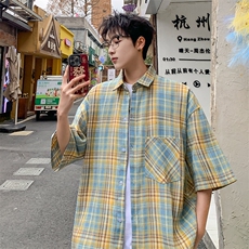 短袖衬衫男夏季新款磨毛格子衬衣DX711-特批25无差价，男装衬衫，星座214-3