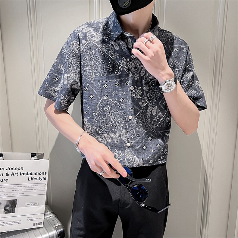 夏季印花短袖衬衫男士社会小伙潮痞帅半袖微宽松衬衣TZ94P50控78,男装T恤,电商B413
