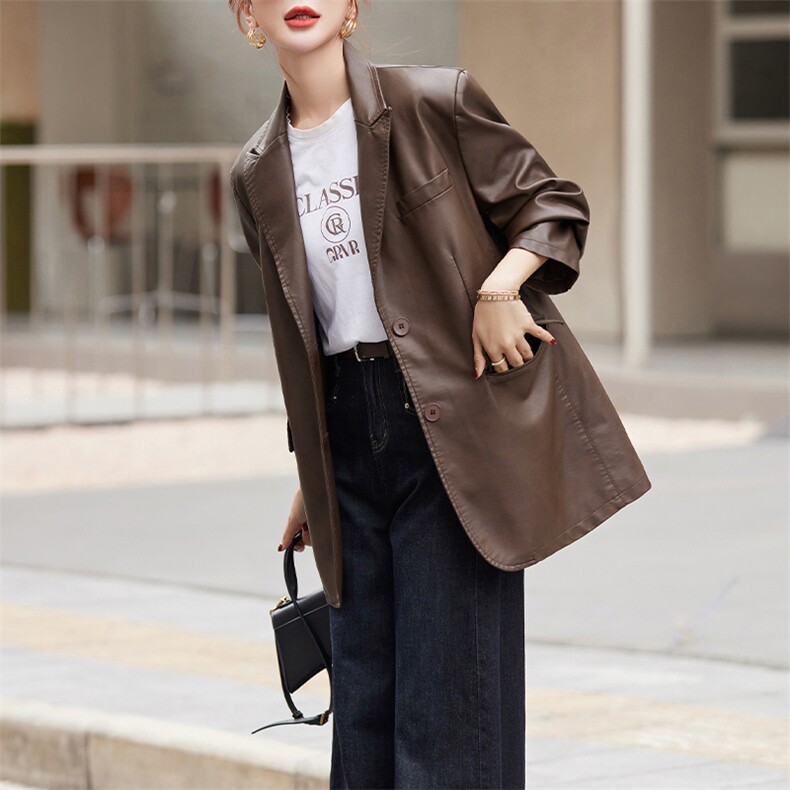 BAO款皮衣女2025新款款小个子高级感宽松春秋季韩版洋气西装外套，女装皮衣，美拉德工厂直营店
