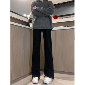 春夏 黄泥美式vibe裤高街黑色破洞微喇直筒毛边牛仔裤男 K890-P55图片