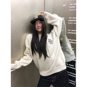 eihey诶嘿美式复古洋气旗帜图案宽松圆领修身套头连帽针织毛衣女图片