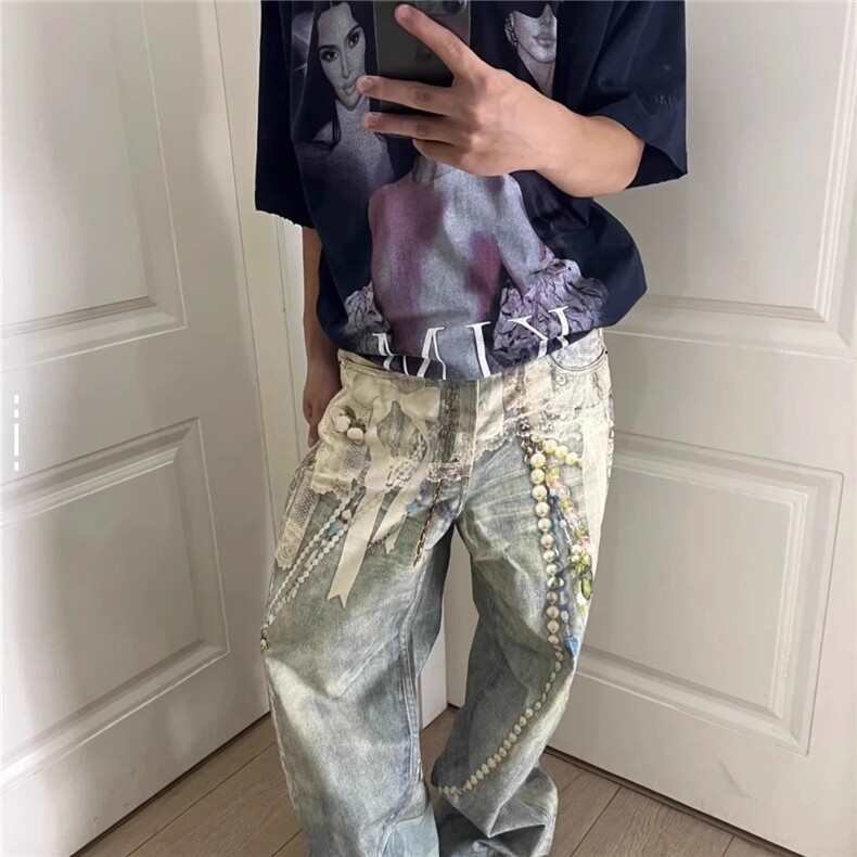 3D印花蕾丝珍珠炼条宽松长裤男女同款休闲低腰阔腿牛仔裤图片