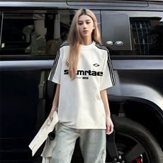 抖音得物品质二开240克宽松纯棉美式潮牌印花三条杠中性风短袖T恤，男装T恤，电商A486-1