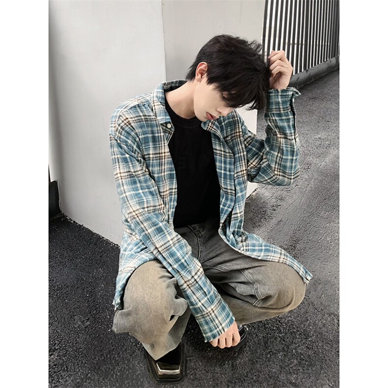 B221！美式ins高街暗黑小众毛边格子衬衫SY2320-P65控88,男装衬衫,电商B221
