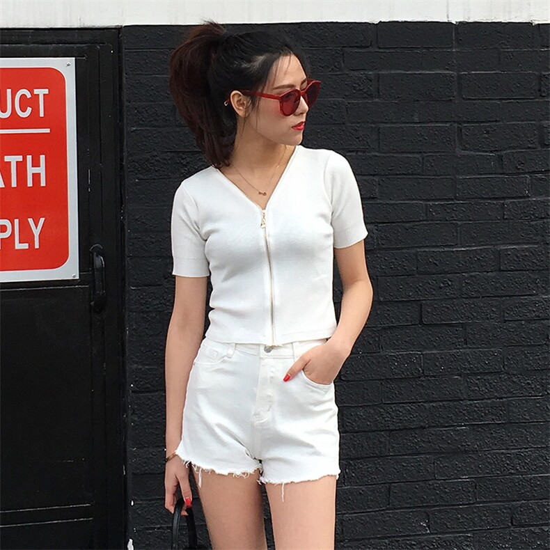 拉链优雅韩版时尚气质甜美百搭针织衫/毛衣2021年夏季V领，女装针织衫/毛衣，奕阳依阁