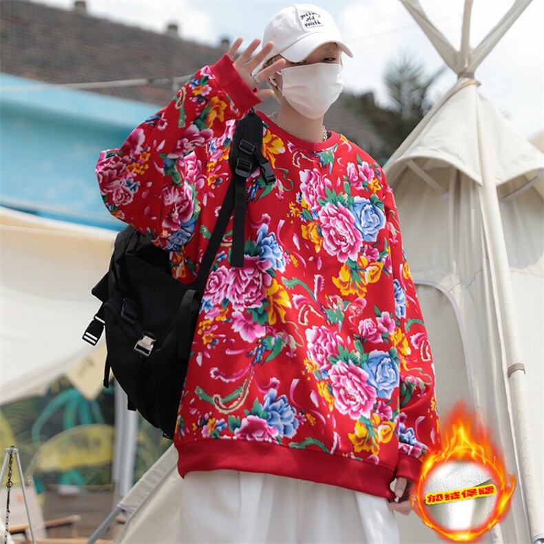 B203冬新套头圆领东北大花风民族特色加绒保暖卫衣小衫男女潮图片