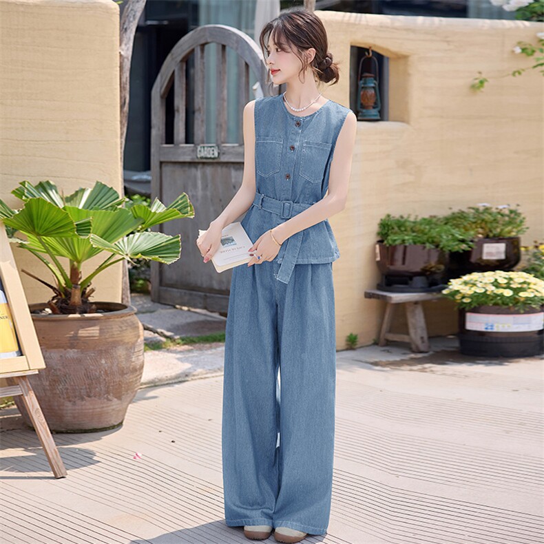 2025年夏季新款牛仔无袖上衣阔腿裤两件套,女装套装/套裙,慕依路