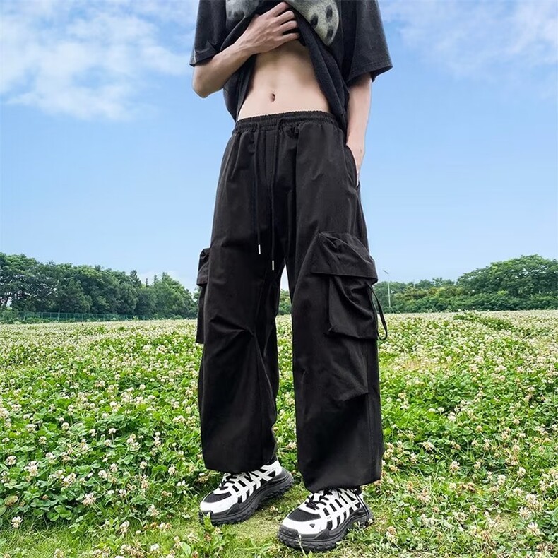 辣妹风抽绳工装裤男女夏季美式高街嘻哈百搭阔腿休闲直筒裤~MK275,男装休闲裤,星座601-2