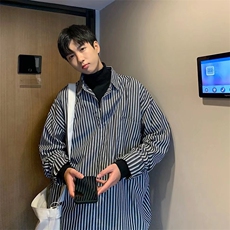 高领条纹假两件衬衫复古港风日系痞帅宽松拼接外套C74P42，男装衬衫，星座1116-2