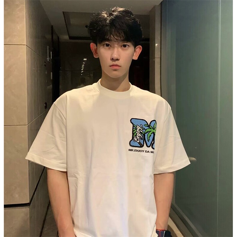 万针全刺绣工艺抖音得物高品质260克重磅纯棉双纱美式高街短袖T恤，男装T恤，电商A486