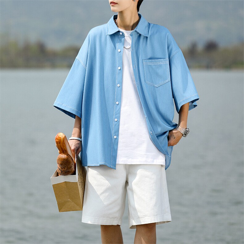 8XL-M冰丝牛仔短袖衬衫男款夏季薄款宽松慵懒衬衣外套DC28006P60,男装T恤,电商B312