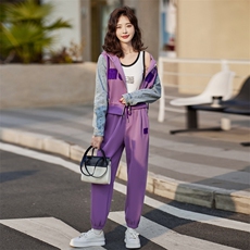 现货-主推牛仔拼接设计感两件套女2024春季新款连帽套装女，女装套装/套裙，梦懿尔