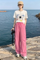 韩版休闲时尚套装女夏款个性简约圆领星星印花上衣工装长裤两件套，女装套装/套裙，江南