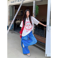 EAHO美式复古做旧字母印花抽绳卫裤夏季男女宽松直筒百搭运动长裤，男装休闲裤，星座506A