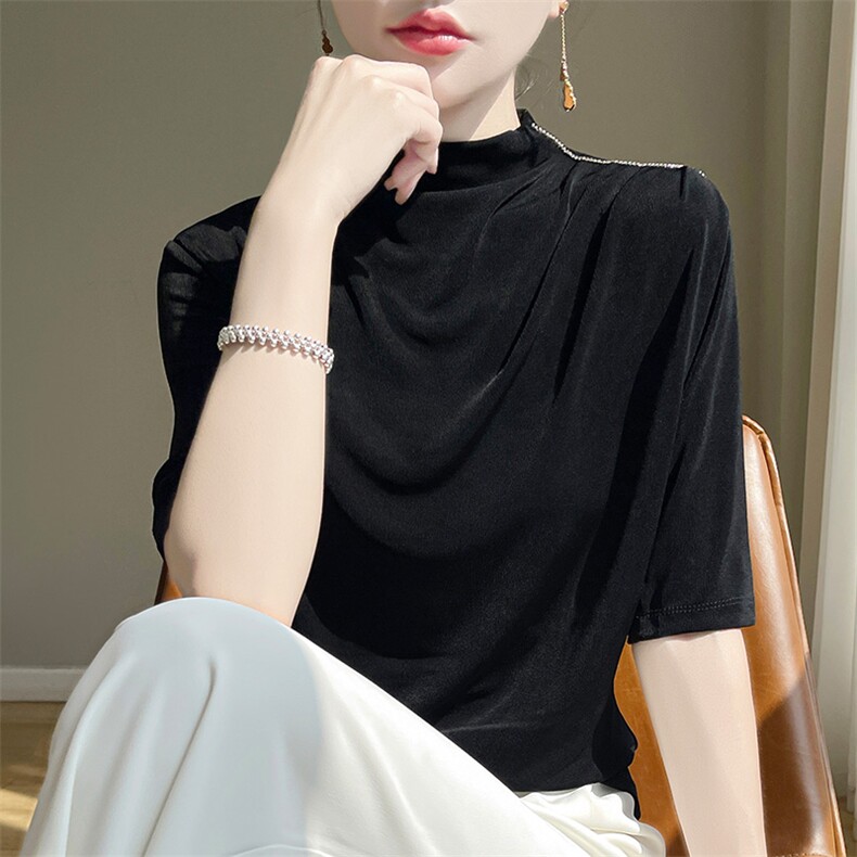 软糯五分袖打底衫女上衣精纺羊毛薄款半高领宽松针织半袖毛衣春秋，女装T恤，凯思米羊绒