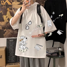 夏季连帽短袖t恤男士潮流大码带帽五分袖体恤港风chic百搭上衣服，男装T恤，星座506A