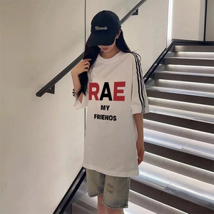 抖音得物高品质二开240克宽松纯棉美式潮牌三条杠织带短袖T恤图片