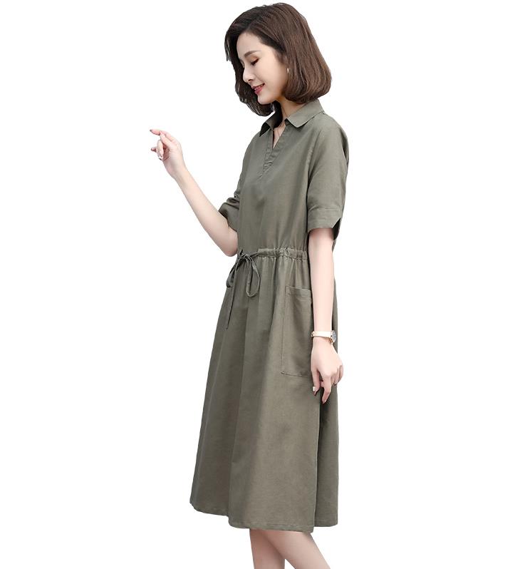 夏季棉麻中长连衣裙V领宽松显瘦系带真口袋咖啡中年妈妈大码裙子,女装连衣裙,丽影随形