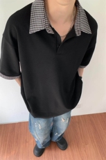 特批P30无差价25夏季百搭时尚假两件格子拼接翻领短袖T恤男T5195，男装T恤，电商A001-1