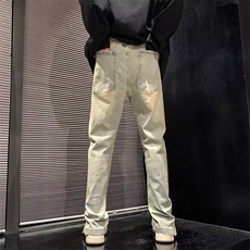 嘻哈做旧黄泥染直筒牛仔裤男女时尚复古宽松青年开叉拉链喇叭长裤，男装牛仔裤，星座601-2