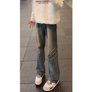 美式水洗复古褶皱弯刀牛仔裤男款高街vibe裤子直筒长裤微喇长裤图片
