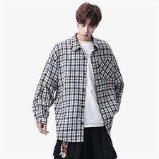 衬衫男春季新款港风宽松大码磨毛格子长袖衬衣CS510-P38，男装衬衫，星座214-3