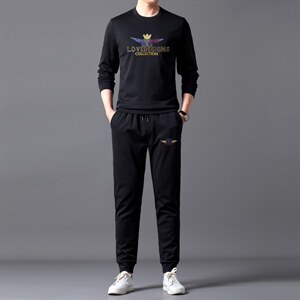 男装套装男士长袖T恤春季中年圆领宽松印花运动服两件套卫衣针织图片