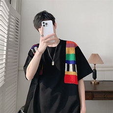 彩虹毛织撞色刺绣短袖T恤男女宽松休闲风半袖上衣打底衫ST671-P48，男装T恤，星座412-3