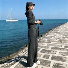 欧货休闲运动套装女春新款洋气显瘦连帽开衫卫衣高腰阔腿裤两件套，女装套装/套裙，江南