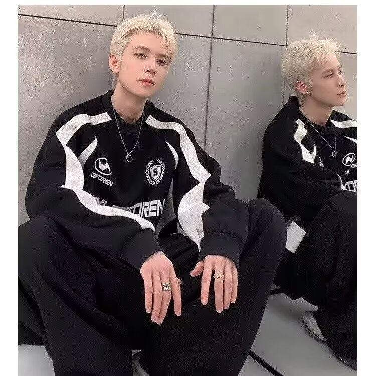 D847-P41卫衣男2025春秋季新款美式高街重磅潮牌复古拼接撞色,男装卫衣,电商B323A