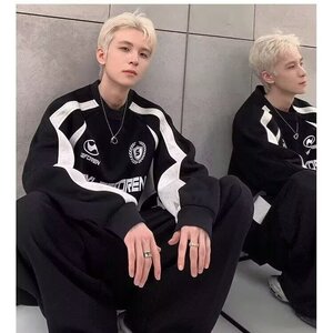 D847-P41 卫衣男2025春秋季新款美式高街重磅潮牌复古拼接撞色图片